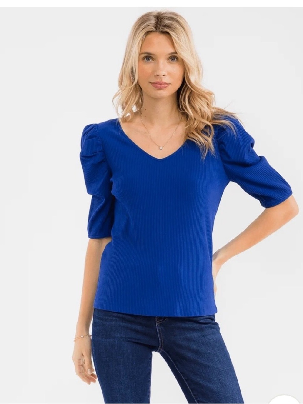 Ribbed Knit Puff Sleeve Top NWT | Large • V‑Neck • Royal Blue • Stretchy Fit